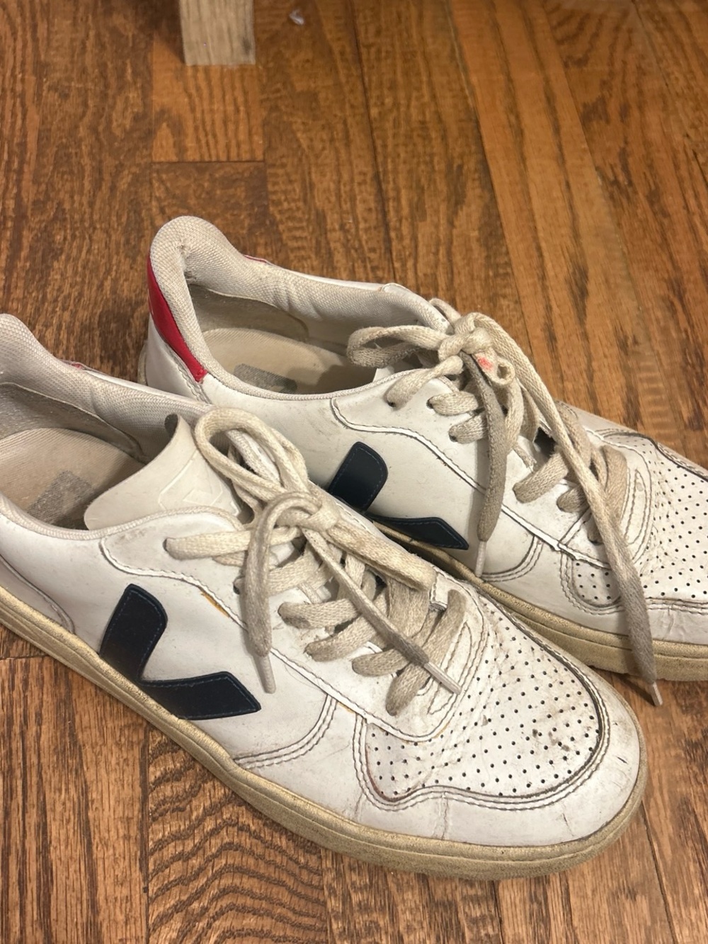 Veja White Leather Sneakers with Navy V and Red Heel Tab